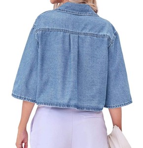 Camisa Corta de Mezclilla para Mujer, Corte Holgado, con Botones, Manga Corta, Informal, Azul, Estilo Urbano, Moda Primavera-Verano - Product Image 2