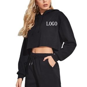 Sudadera con Capucha Corta para Mujer, Color Sólido, Manga Larga, Informal, con Bolsillos, Logotipo Estampado en la Parte Delantera, Ropa de Otoño - Product Image 1