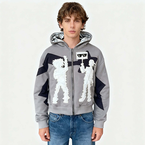 เสื้อฮู้ดดี้ผู้ชายแบบสั่งทำพิเศษ OEM ผ้าหนา แต่งซิป ปักลาย ตกแต่งแบบดิสเทรส ทรงโอเวอร์ไซส์ สไตล์สตรีทแวร์ ผ้าซาติน น้ำหนัก 500 กรัม พร้อมลายกราฟิก - Product Image 4