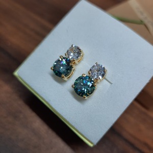 GRA Certified Round Cut <b>Blue</b> Green Color Moissanite <b>Studs</b> In Gold Plated 925 Silver Minimalist Fashion <b>Earrings</b> At Low Price - Product Image 3