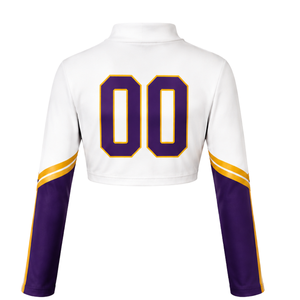 Maillot de cheerleading sublimé violet et or à manches longues – Tenue de sport athlétique pour entraînement, performance, compétition et match - Product Image 2