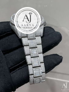 Montre AARVA JEWELS de luxe pour femme en acier inoxydable avec moissanite, mouvement Miyota, 38 mm, analogique, quartz, verre saphir, fermoir pliant de sécurité - Product Image 5