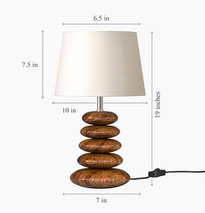 Wood Pebble <b>Table</b> Lamp with Fabric Shade Modern Wooden <b>Bedside</b> Living Room Lamp - Product Image 2