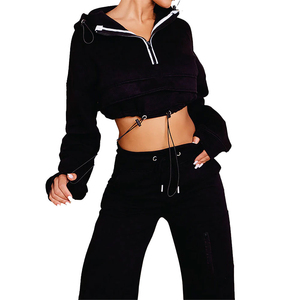 2026 Wholesale Women's Beige <b>Cropped</b> <b>Zip</b>-<b>Up</b> Tracksuit Set Full Sleeve Solid Color Knitted Casual Sweatshirt Pants Winter Wear - Product Image 2