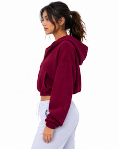 Women's Oversized Hooded <b>Zip</b>-<b>Up</b> <b>Cropped</b> Sweatshirt Solid Color Fleece Drop-Shoulder Full Sleeve Autumn Wear - Product Image 4