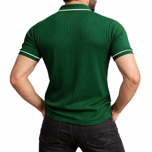 Polo de punto acanalado personalizado de manga corta, moderno, texturizado, de corte ajustado, transpirable, premium, para uso diario, para hombre. - Product Image 2