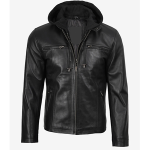 แจ็คเก็ตหนังวัวสีดำสุดฮิตปี 2026 สำหรับผู้ชาย มีฮู้ด คอปก กระเป๋าซิป คุณภาพสูง MOQ ต่ำ แฟชั่นฤดูหนาว - Product Image 1