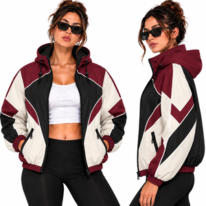 women maroon hooded windbreaker <b>jacket</b> wholesale retro color block zip up track top <b>lightweight</b> casual running <b>jackets</b> outdoor - Product Image 1