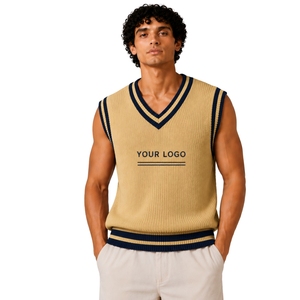 Gilet pull sans manches en tricot pour homme, beige avec rayures contrastées marine, col en V, personnalisable avec logo, en laine et acrylique, vente en gros OEM - Product Image 1