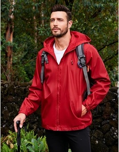 Women's <b>Red</b> <b>Windbreaker</b> Jacket Full Sleeve Zipper Closure Hooded Waterproof Casual Solid Color Regular Length Outerwear - Product Image 6