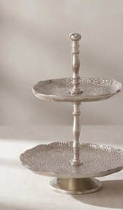 Modern Silver Metal 2 <b>Tier</b> <b>Cake</b> <b>Stand</b> Luxury Hammered Dessert Display Tray Ball Finial Handle Cupcake Holder Party Decor - Product Image 3