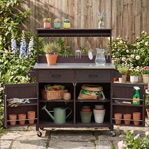 54.1\" Outdoor <b>Kitchen</b> Island Storage Cabinet with <b>High</b> Shelf Large Potting Bench <b>Table</b> Stainless Steel Top S Size - Product Image 1