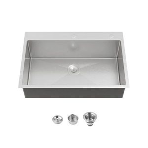 Fregadero de cocina individual hecho a mano de 33x22 pulgadas en níquel cepillado para montaje sobre encimera con gancho de desagüe estándar de EE. UU. (No se puede enviar) - Product Image 1