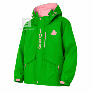 Veste coupe-vent et imperméable personnalisée Alpha Kapa Alpha Sorority, verte et rose, en polyester, manches longues, fermeture éclair sur le devant, logo brodé - Product Image 2