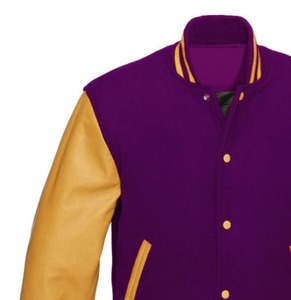 Veste varsity coupe-vent pour homme, couleur violette, avec manches en PU jaunes, fermeture à boutons, style décontracté, coupe classique, col montant, pour l'automne - Product Image 4