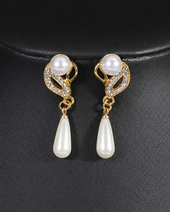 Conjunto de Moda para Mujer, Chapado en Oro, con Cristales, Perlas y Circonitas, Collar y Aretes Románticos con Diseño de Gota de Agua, para Aniversario - Product Image 3
