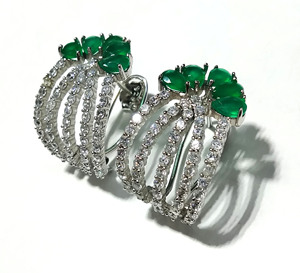 Natural Green Onyx White Zircon Gemstone Bohemian <b>Hoop</b> <b>Earrings</b> 925 Sterling <b>Silver</b> Handmade Certified Statement Women's Elegant - Product Image 1