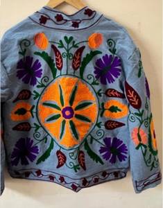Handmade Light Blue Velvet Suzani Embroidered <b>Jacket</b> <b>Women</b> <b>Vintage</b> Floral Kashmiri Coat Open Front Cotton Lined Ethnic Boho - Product Image 2