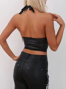Women PU Leather Corset Top With Lace-Up Front Hollow Design <b>Tummy</b> <b>Control</b> Shapewear - Product Image 2