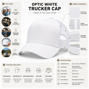 Gorra Trucker Blanca de 6 Paneles con Malla Trasera, Visera Ajustable, Logotipo Serigrafiado en el Panel Frontal, Unisex, Casual, Primavera Verano - Product Image 3