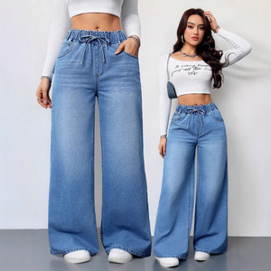 Jeans de Mezclilla Azul Claro para Mujer, Casuales, de Cintura Alta, Elásticos, Transpirables, de Pierna Recta y Ancha, Holgados - Product Image 5