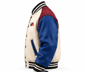 Chaqueta Varsity Tricolor para Hombre al por Mayor, Color Blanco Hueso, con Mangas de Cuero Azul, Dobladillo y Puños a Rayas, OEM - Product Image 4