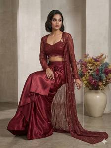 Factory Price OEM Premium Wine <b>Red</b> Indo Western Outfit Traditional Modern Fusion Ready to Wear Draped Skirt Shrug Wholesale Bulk - Product Image 2