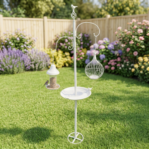 White Metal <b>Bird</b> Feeder <b>Stand</b> with Hanging Cages and Perch for Outdoor Garden Decoration - Product Image 1