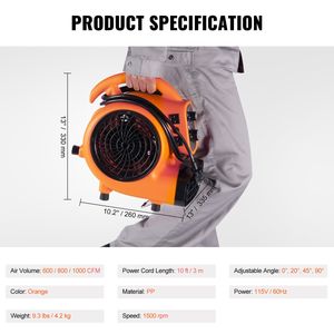 Ventilatore da Pavimento Portatile 1/4 HP 1000 CFM con 4 Angoli e Funzione Timer, Soffiatore d'Aria per Asciugatura e Raffreddamento, Ventilatore Asciugatore per Tappeti - Product Image 4