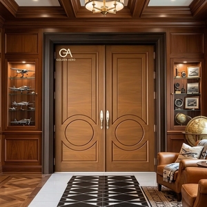 Puerta Doble de Madera Sólida Moderna GA-41L, Diseño Escandinavo con Ranuras Circulares para Entrada Principal Exterior de Villa, Alta Calidad - Product Image 1