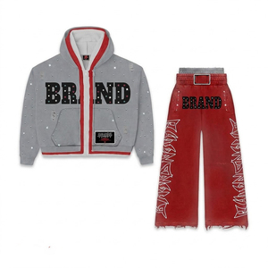 Ensemble de survêtement personnalisé avec strass, sweat-shirt gris à capuche et fermeture éclair, pantalon évasé rouge, imprimé pailleté, streetwear unisexe, hiver - Product Image 1