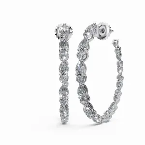 Lab Grown Round & Pear Shape Hoop Diamond Earrings <b>44</b> Pieces IGI Certified White Gold Women's - Product Image 1