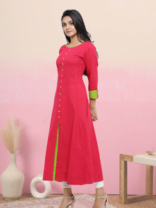 Kurta Anarkali de Algodón Rosa para Mujer, con Cuello Redondo y Mangas Tres Cuartos, Diseñada para Uso Casual Étnico Global - Product Image 2