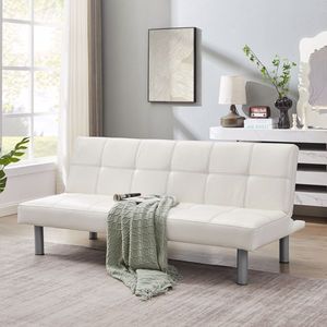 Divano Letto Pieghevole per Tre Persone con Struttura in Legno Massello, Rivestimento in Pelle PU, Poggiapiedi in Metallo e Opzione di Posizione Completamente Sdraiata - Product Image 1