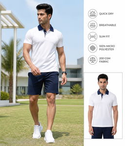 Polo blanc pour homme, manches courtes, couleur unie, séchage rapide, respirant, coupe ajustée, 100% micro-polyester, 200 GSM, vêtements décontractés - Product Image 1