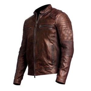 Blouson en cuir vintage pour homme, coupe ajustée, col montant, fermeture éclair, style moto, pour l'automne - Product Image 5