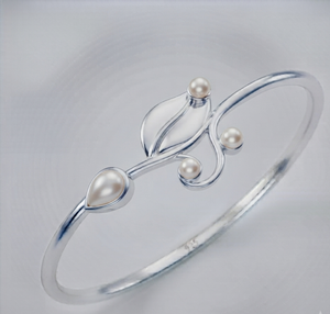 Vintage Plant 925 <b>Silver</b> Pearl Open Cuff Bangle <b>Bracelet</b> with Leaf Branch Design Fashion Jewelry for Women Gift - Product Image 1