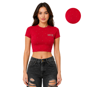 Ladies Trendy <b>Rhinestone</b> women's shirt Slim Fitted Half Sleeves Crop <b>Top</b> Casual Streetwear High GSM Cotton Sparkly Logo Print - Product Image 1
