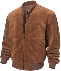 <b>Men's</b> Brown <b>Suede</b> Bomber <b>Jacket</b> Stand Collar Zipper Closure Casual Autumn Wear Regular Fit Solid Color PU Leather Shell - Product Image 3