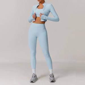 Conjunto de yoga de 3 piezas para mujer, chaqueta, sujetador deportivo y leggings de cintura alta, traje deportivo para gimnasio, fitness y entrenamiento. - Product Image 1