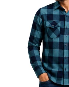 Teal Navy Plaid Men Flannel Shirt Long Sleeve Button <b>Down</b> Checkered Cotton Casual Shirt With Chest Pockets Streetwear Overshirt - Product Image 3