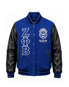 เสื้อแจ็คเก็ตวาร์ซิตี้น้ำหนักเบาเป็นมิตรกับสิ่งแวดล้อม Zeta Phi Beta สีน้ำเงิน แขนผ้าซาติน ปักโลโก้ด้านหน้า คอตั้ง สำหรับผู้หญิง - Product Image 1