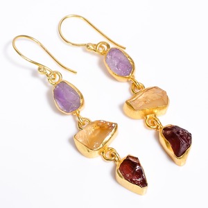 Excellent Three Stone Fancy Shape Ruby Green Kyanite Gemstone Brass <b>Earrings</b>, Indian <b>Gold</b> Plated Brass Jewelry - Product Image 1