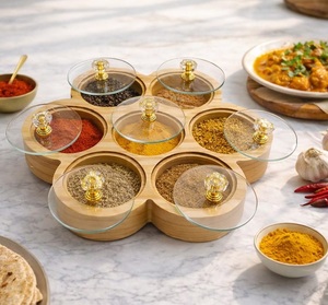 Handcrafted Wooden Spice <b>Box</b> <b>Masala</b> Dabba Acrylic Lid with 7 Round Compartments & Spoon Pine Wood Dry Fruit <b>Box</b> Set - Product Image 1
