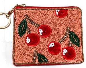 <b>Red</b> Rectangular Textile <b>Purse</b> With Gold Keychain Ring Zipper Closure - Product Image 1