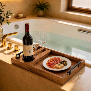 Plateau de service durable en bois d'acacia avec porte-verres à vin, logo gravé au laser, idéal pour pique-niques, fêtes et réceptions, incluant un plateau à charcuterie - Product Image 2