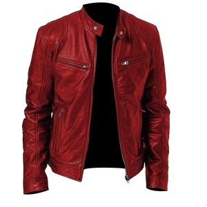 Blouson Bomber Homme en Cuir Véritable Rouge, Col Rabattu, Coupe-Vent, Fermeture Éclair, Coupe Ajustée, Longueur Standard, Logo Avant, Automne - Product Image 2