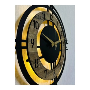 <b>Modern</b> Round Wood <b>Wall</b> <b>Clock</b> With Geometric Design Analog Quartz Silent Night Light Living Room Decor - Product Image 4