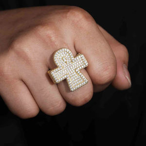 Anillo de Cruz con Diamantes Chapado en Oro de 24K para Hombre, Joyería Religiosa, Diamantes Naturales de Corte Brillante Redondo, Color Blanco D - Product Image 1