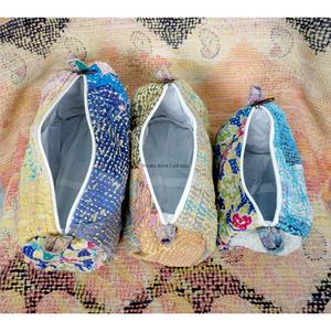 Custom Made Casual Handmade Quilted Tassel Zipper Kantha Pouch Set Artisan Cotton Travel Cosmetic Organizer Mixed Colors - Product Image 5